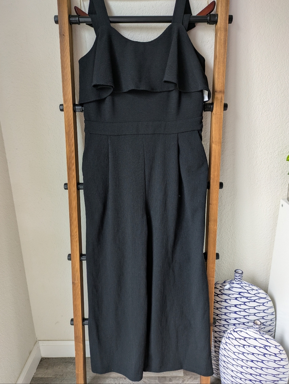 NWT Joie Womens Black Ruffle-Front Wide-Leg Jumpsuit - Size L